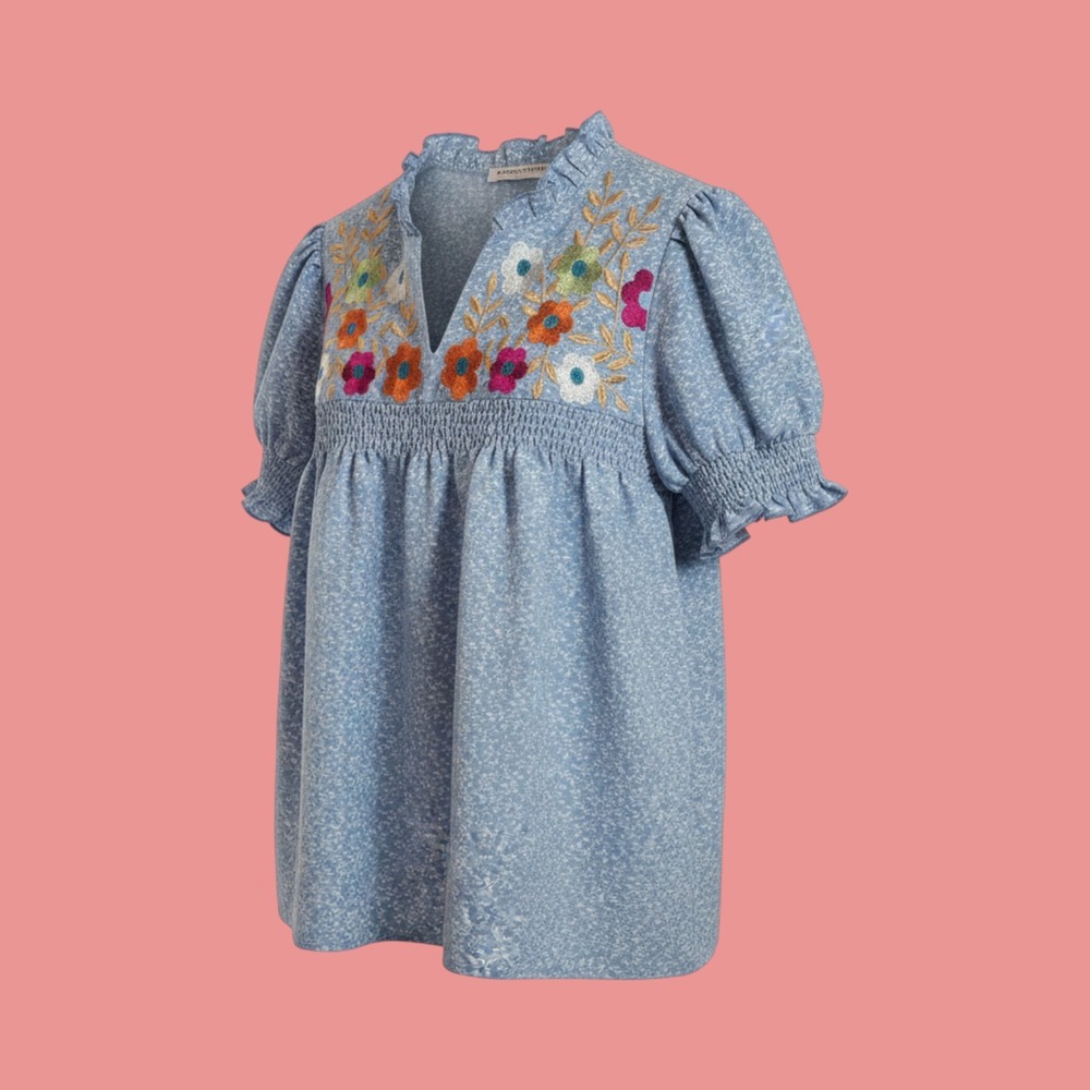 Angashion Women Floral Embroidered Babydoll Top Blue Ditsy Print Smocked S